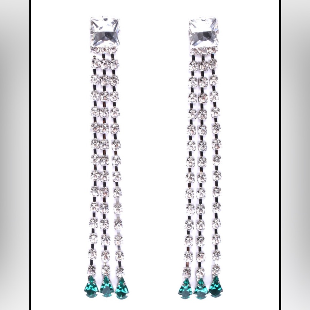 3/$15 Fashion Nova Always Extra Silver Tone & Green Rhinestone Earrings